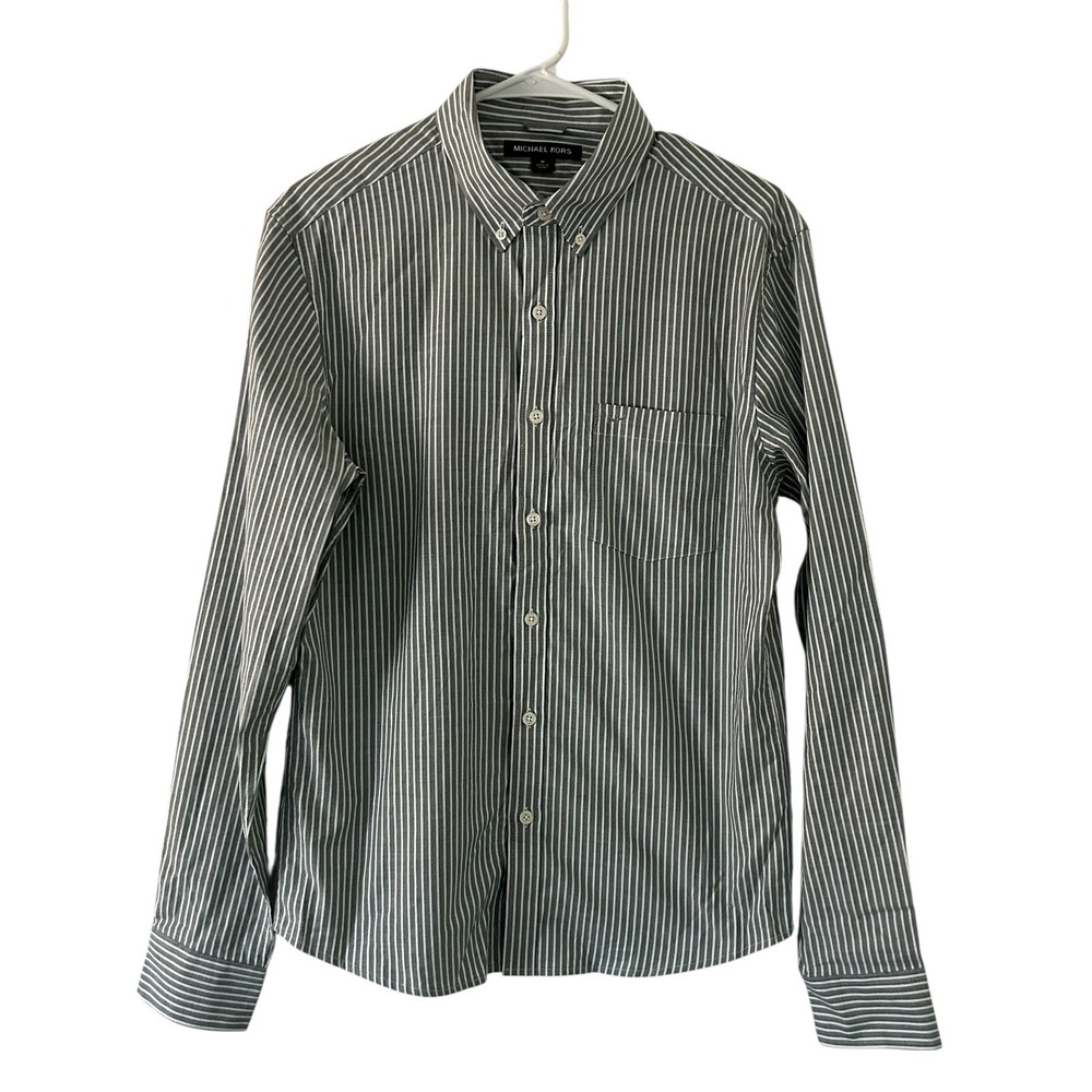 Michael Kors Men's Button Down Vertical Gray White Strip Classic Shirt M Medium